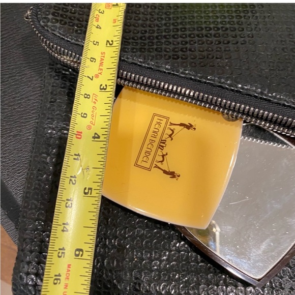 Henri Bendel Debutant shiny Black Leather Clutch Purse vintage compact mirror - Picture 12 of 14